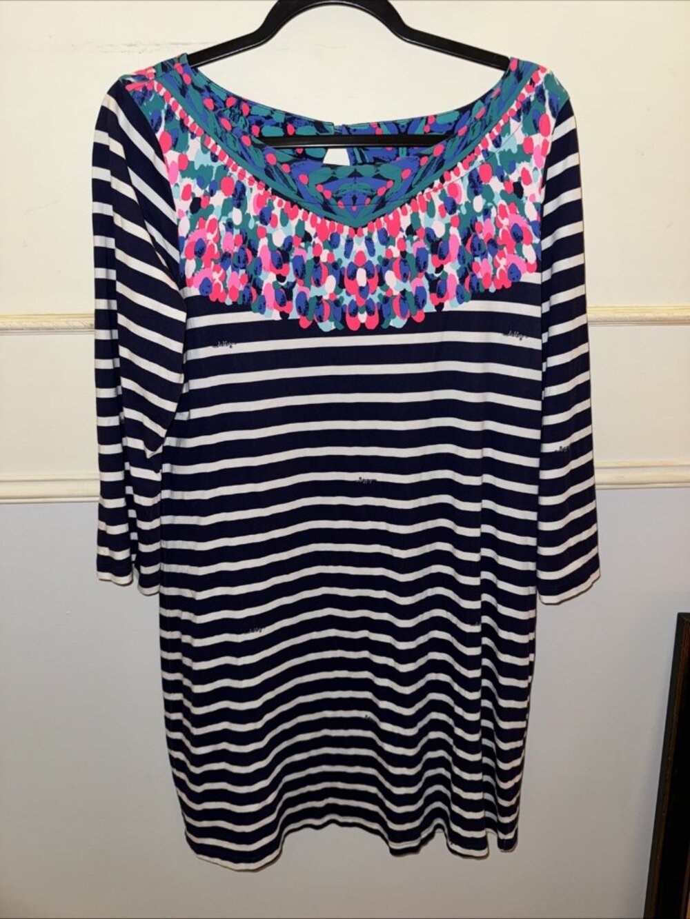 Lilly Pulitzer Bay Dress Island Medallion Stripe Pima Cotton Sz L EUC